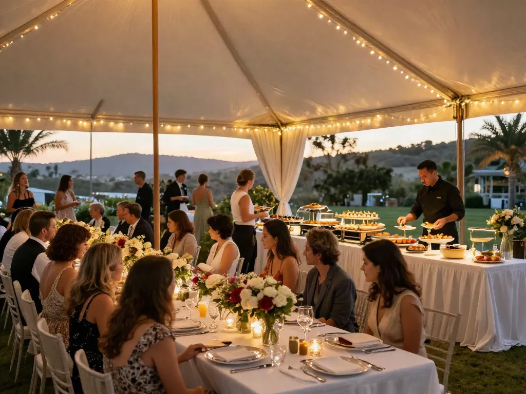 Event rentals showcasing a luxurious outdoor gathering with elegant decor and vibrant atmosphere.
