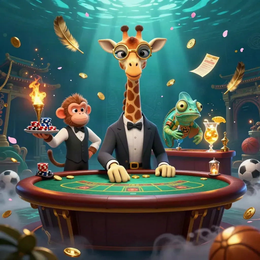 Giraffe high roller with monkey valet and chameleon bartender amid gold, neon, temple and casino effects.