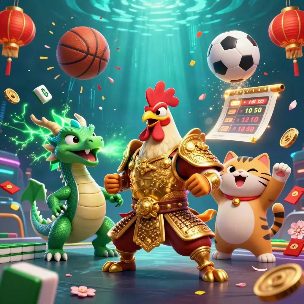 Rooster warrior, dragon hatchling, and fortune-cat amid sports balls, sparks, and casino glow.