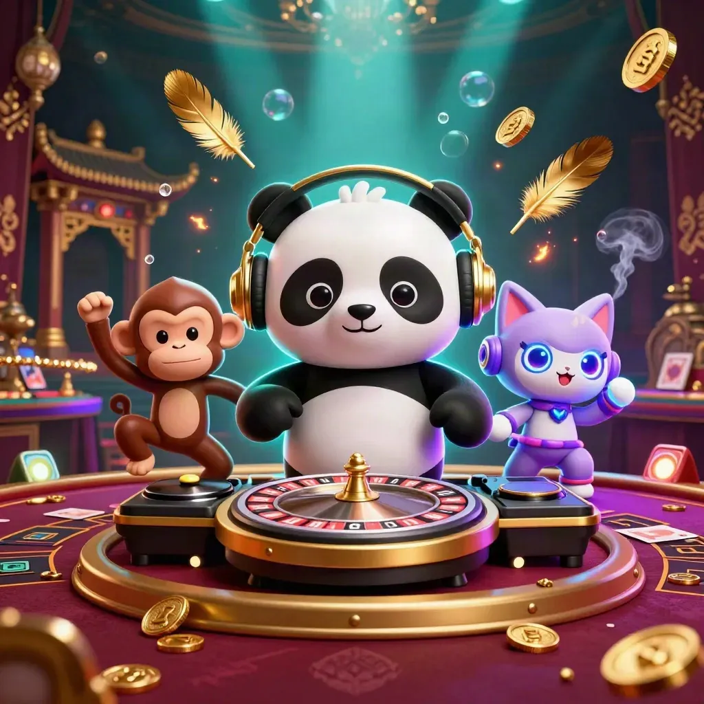 DJ panda, breakdancing monkey, and glow-stick kitten in a luxe casino room with gold and neon glow.