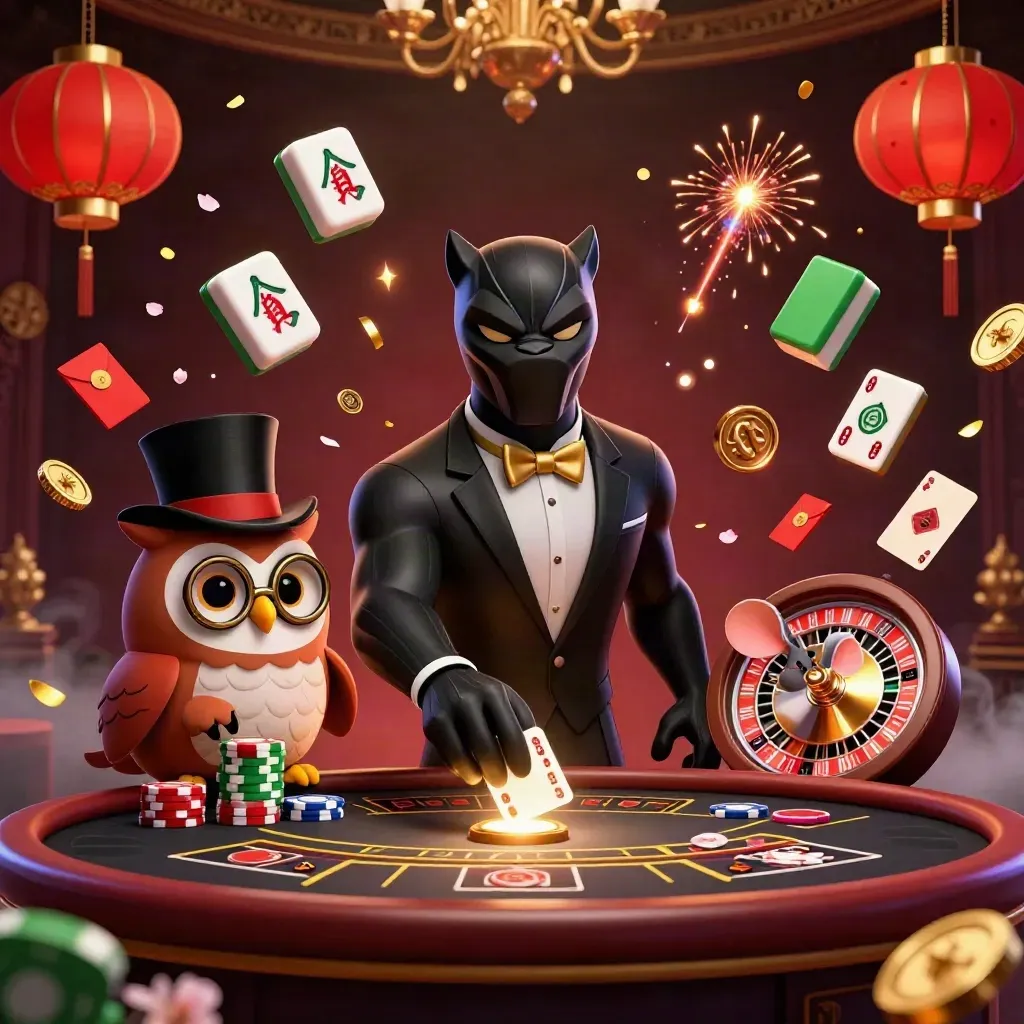 Black panther, owl, and mouse in a luxe casino scene with glowing jade coins and lanterns