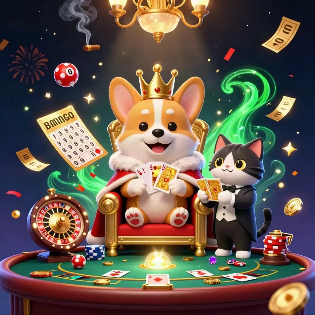 Royal corgi and cat butler in a glowing casino scene with spinning wheels and confetti.
