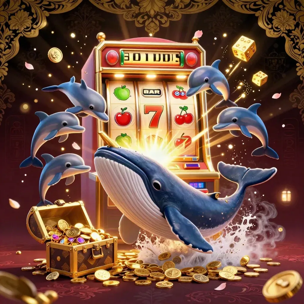 Cartoon whale captain, narwhal, dolphins, coins, gems, and slot machine exploding in luxury casino lighting.