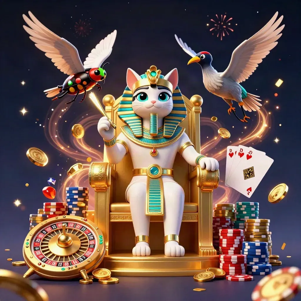 Pharaoh cat on a golden throne with ibis scribe, scarabs, coins, gems, and casino action.