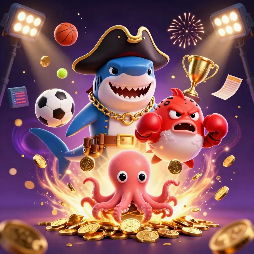 Pirate shark, boxing pufferfish, and coin-juggling octopus amid treasure, fireworks, and sports balls