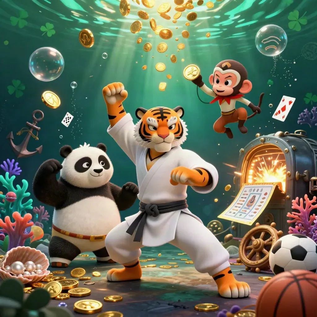 Tiger, panda, and monkey in an underwater treasure cove with coins, coral, and fireworks