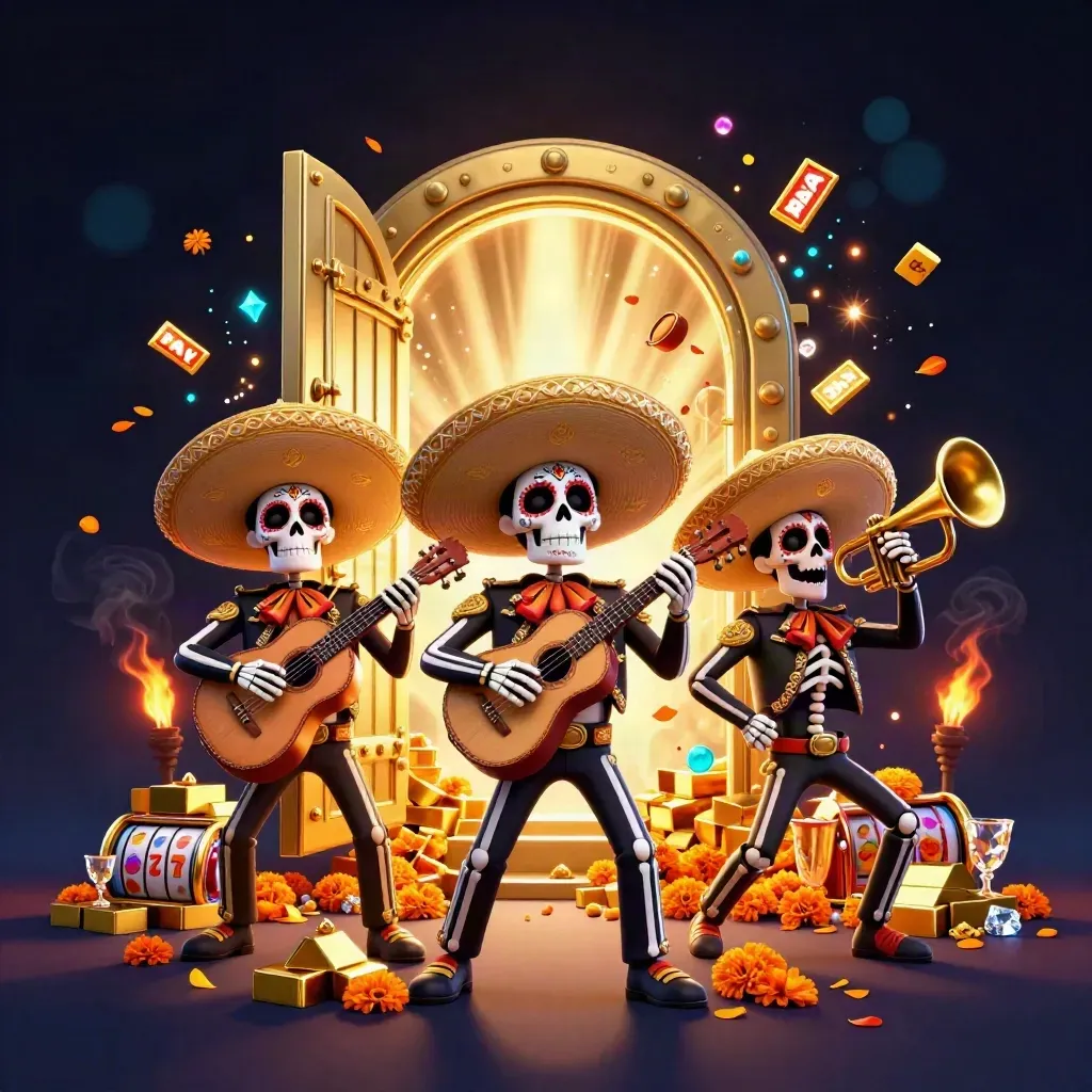 Skeleton mariachi trio bursting from a golden vault with casino riches and glowing effects.