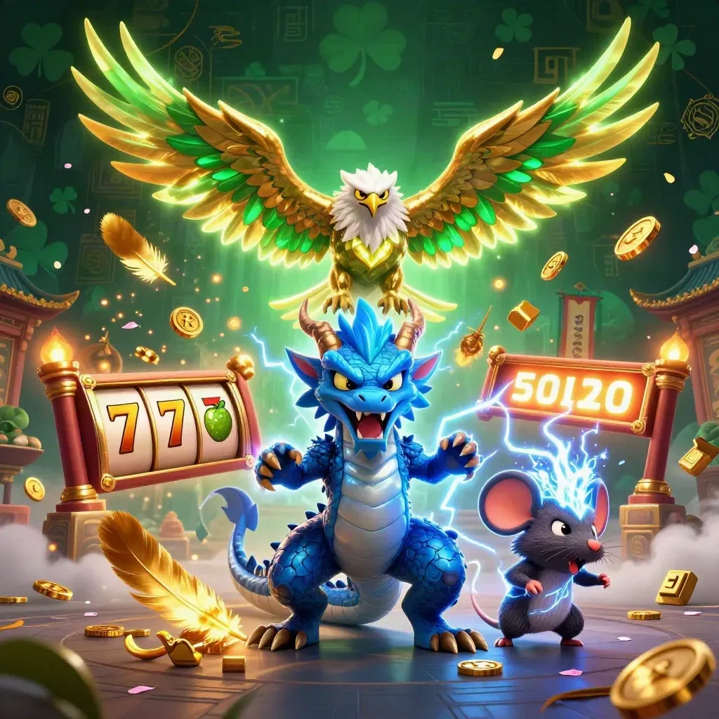 Thunder dragon, wind hawk, and static mouse amid casino reels, coins, and emerald lightning.