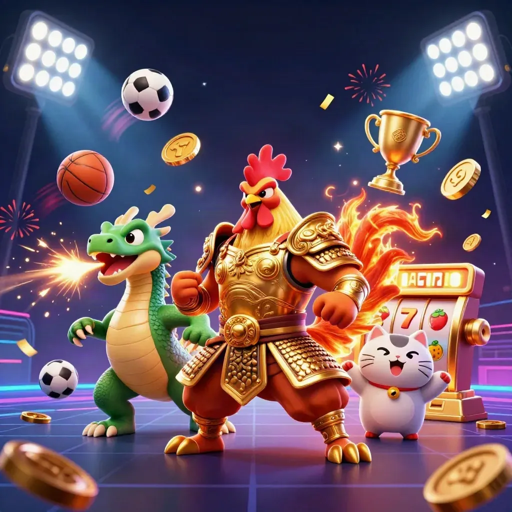 Rooster warrior, dragon hatchling, and fortune cat amid casino sports chaos and glowing effects.
