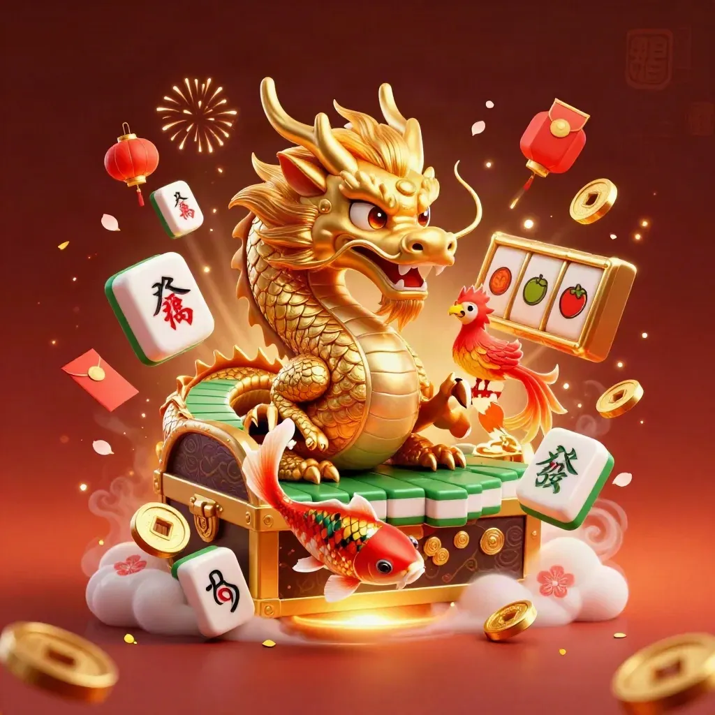 Golden dragon with phoenix and koi amid casino relics on an ember-lit dark backdrop.